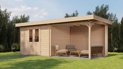 Lugarde Select Blokhut met overkapping Wageningen 300x250cm + 300cm - Onbehandeld- Plat dak- - Lugarde Select