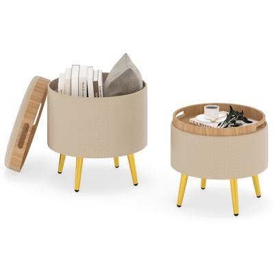 2-delige Opbergkrukkenset Ronde Krukken Van Kunstleer Met Opvouwbaar Dienblad