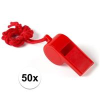 Fluitjes van kunststof - Multipack van 50x stuks - rood - aan koordje - herrie maken - sport