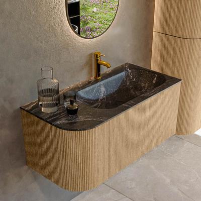 Mondiaz KURVE-DLUX 95 cm Onderkast Greeploos 1 Lade Met Deuren Oak, Wastafel Solid Surface Rechts Lava 1 Kraangat Zonder Spiegel (KRVBGS95L1L1D1KR-Oak/Lav)