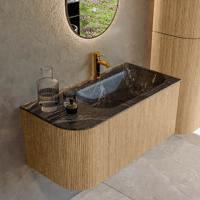 Mondiaz KURVE-DLUX 95 cm Onderkast Greeploos 1 Lade Met Deuren Oak, Wastafel Solid Surface Rechts Lava 1 Kraangat Zonder Spiegel (KRVBGS95L1L1D1KR-Oak/Lav)