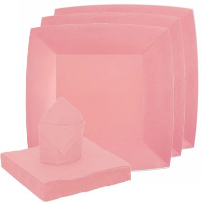 Feest/verjaardag servies set 10x bordjes/25x servetten - roze - karton