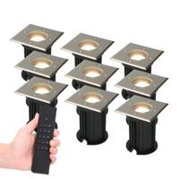 Set van 9 Ramsay LED Grondspots vierkant buiten - Dimbaar - GU10 - 2700K warm wit - 4 Watt 345 lumen - Tuinspot - RVS - IP67 waterdicht - Incl. Afstandsbediening