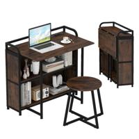 Opvouwbaar Bureau met Kruk Draagbare Bureau en Kruk Set met Opbergplanken AC Stopcontacten USB & Type-C Poorten Bruin