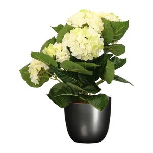 Hortensia kunstplant/kunstbloemen 36 cm - wit/groen - in pot titanium grijs glans