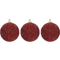 Kerstbal - 3x - rood - glitter - D8 cm - kunststof - onbreekbaar - kerstversiering