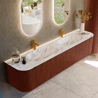 Badmeubel Mondiaz Kurve-Dlux | 200 cm cm | Meubelkleur Ruby | Wastafelkleur Glace | Solid surface | Wasbak beiden zijden spoelbak | 2 kraangaten