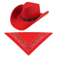 Carnaval verkleedset cowboyhoed Billy Boy - rood - met rode hals zakdoek - voor volwassenen - thumbnail