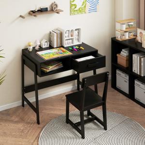 Bureau voor Kinderen met Stoel Kinderschrijfbureau set van Hout Jeugdbureau met Lade & Opbergruimte Zwart