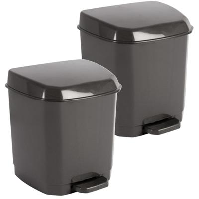 Pedaalemmer - 2x - donkergrijs - kunststof - 7 liter - 21 x 22 x 26 cm cm
