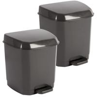 Pedaalemmer - 2x - donkergrijs - kunststof - 7 liter - 21 x 22 x 26 cm cm