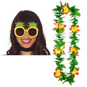 Tropische Hawaii party verkleed accessoires set - Ananas zonnebril - en bloemenkrans geel