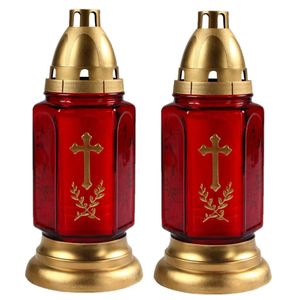 Set van 2x stuks horror decoratie grafkaars/gedenklicht met deksel rood/goud 11 x 24 cm 3 dagen bran