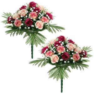 Kunstbloemen boeket rozen/gipskruid - 2x stuks - roze/donkerrood - H36 cm - Bloemstuk - Bladgroen