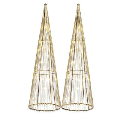 Mica Decorations LED kegel - 2x - kerstboom lamp - goud - polyester/metaal - H40 cm