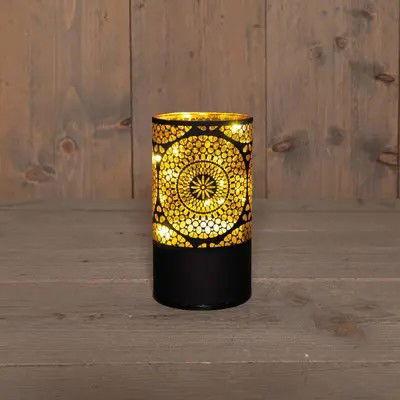 Cylinder glas marrakech 10led warm wit d9h16 cm zwart/goud - Annas collection