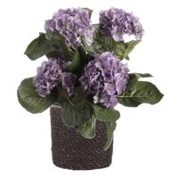 Kunstplant met plantenmand - Hortensia hdrangea - wit - rotan pot - grijs