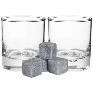 Luxe whiskyglazen set 6x stuks 300 ml met 6x whisky ijsblokstenen - Drinkglazen