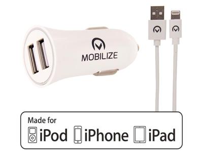 Mobilize Mobilize Car Charger 2x USB 24W + USB to Apple MFi Lighting Cable 1m. White