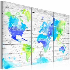 Schilderij - Wereldkaart - Kleurrijke Reis, 3luik , wanddecoratie , premium print op canvas