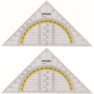 2x Geodriehoeken met liniaal en gradenboog 14 cm