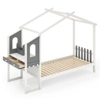 Eenpersoonsbed met Bureau Houten Bed met Hekvormig Hoofdeinde Haken en Laden Lattenbodem met 18 Houten Latten 200 x 90 cm