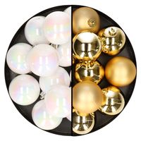 24x stuks kunststof kerstballen mix van goud en parelmoer wit 6 cm - thumbnail