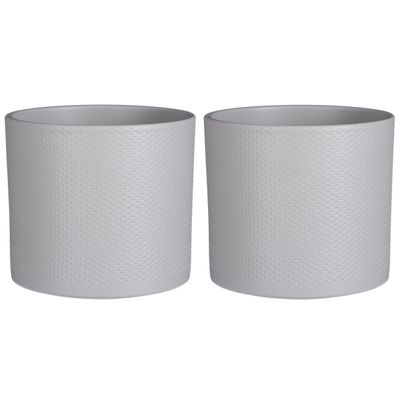 3x stuks bloempot in het relief lichtgrijs keramiek voor kamerplant H17.5 x D19.5 cm