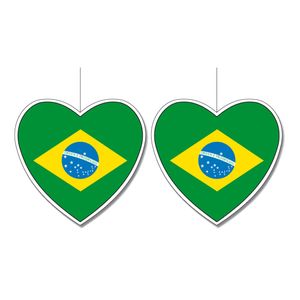 2x stuks brazilie vlag hangdecoratie hartjes vorm karton 14 cm