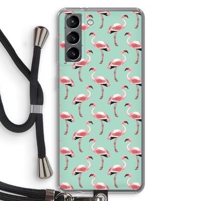 Flamingoprint groen: Samsung Galaxy S21 Transparant Hoesje met koord