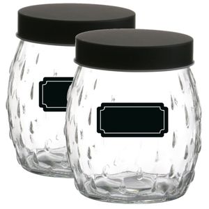 Voorraadpot/bewaarpot Mora - 4x - 1.2L - glas - zwart - incl. etiketten