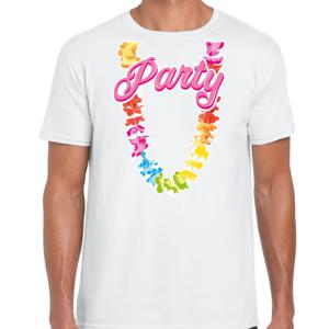 Tropical party T-shirt voor heren - bloemenkrans - wit - carnaval/themafeest