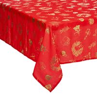 Tafelkleed Kerst thema - rood/goud - polyester - 360 x 140 cm - thumbnail