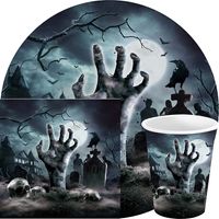 Halloween/horror kerkhof feest servies set - borden/bekers/servetten - 36x - zwart- papier - thumbnail