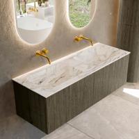 Badmeubel Mondiaz Kurve-Dlux | 130 cm cm | Meubelkleur Shadow | Wastafelkleur Glace | Solid surface | Wasbak beiden zijden spoelbak | Zonder kraangat(en)