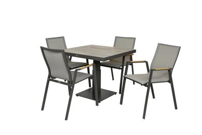 Qopps Javie up down tuintafel met 4 Jibba stapelbare tuinstoel