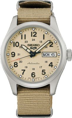 Seiko SRPJ83K1 Horloge 5 Sports Automatic staal-nylon zilverkleurig-beige 36 mm