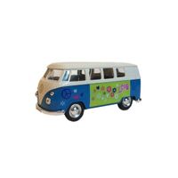Blauwe 1962 hippiebus met print speelgoedauto 15 cm