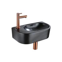 QeramiQ Fuente Fonteinset - 40x21.5x12cm - links - glad - halfrond - 1 kraangat - keramiek - fonteinkraan geborsteld koper - afvoerplug - verlaagd sifon - zwart mat SW1209556/SW799405/SW799403/SW970033