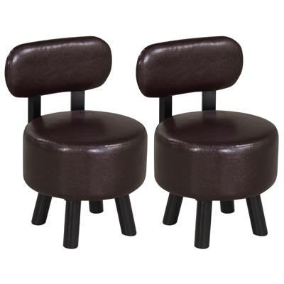 Voetenbankje met Rugleuning Zacht Bekleed Zitje met Kunstleer en Stevige Poten van Rubberhout Rond Make-upkrukje-Okkernoot