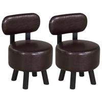 Voetenbankje met Rugleuning Zacht Bekleed Zitje met Kunstleer en Stevige Poten van Rubberhout Rond Make-upkrukje-Okkernoot