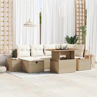 7-delige ligbed set met kussens in beige poly rattan en acacia
