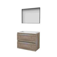 Basic-Line Framed 46 Badkamermeubelset - 80 x 46 cm - Greeploos - 2 Lades - Acryl Wastafel - Zonder Kraangat - Spiegel met Zwart Aluminium Frame - Scotch Oak