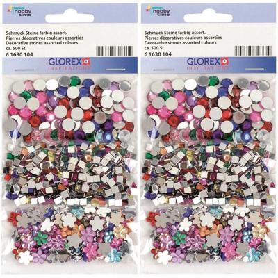 Plak/strass steentjes - 1000x - gekleurd - rond, vierkant en bloem - plaksteentjes