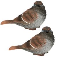 Huismus vogel beeldje - 2x stuks - 14,5 x 6,5 x 8,5 cm - woondecoratie - tuinvogel beeldjes