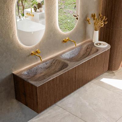 Badmeubel Mondiaz Kurve-Dlux | 165 cm | Meubelkleur Walnut | Wastafelkleur Oza | Solid surface | Dubbel / Links spoelbak | Zonder kraangat(en)