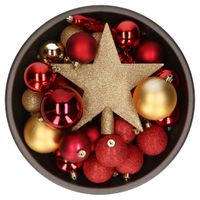 33x stuks kunststof kerstballen met piek 5-6-8 cm rood/goud incl. haakjes - thumbnail