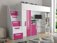 Samengesteld bed PARADISIO 90x200 cm wit/hoogglans roze met trap aan de linkerzijde - thumbnail