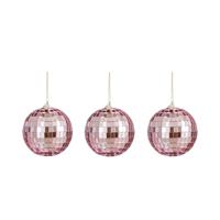 Disco kerstballen - 3x stuks - roze - 8 cm - foam - spiegelbol/discobol - thumbnail