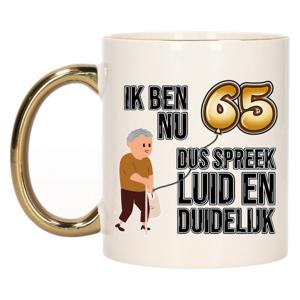 Verjaardag cadeau mok 65 jaar - luid en duidelijk - goud - 300 ml - Keramiek